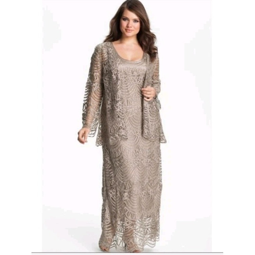 Soulmates Champagne Lace Crochet Beaded Silk Maxi Dress w Jacket Set XL‎